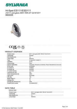 Sylvania Havells Halojen Lamba Hi-spot ES111 75W 24 Derece GU10 Spot 0022225 - Thumbnail